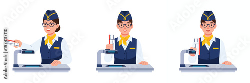 Ma picture of a flight attendant checking a passenger's document