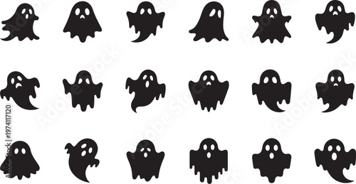 Black ghost silhouettes on white background Halloween pattern design