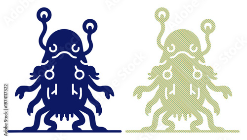 Quirky cartoon alien creature with multiple eyes and limbs, presented in two contrasting colors.