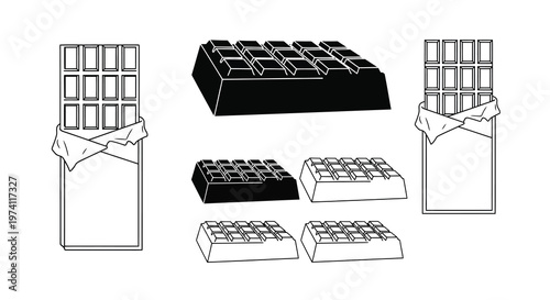 Assorted chocolate bars in varying shapes and sizes line art style