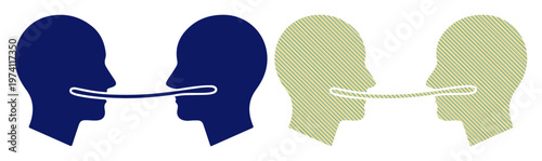 Foto Two pairs of heads sharing an idea or thought through a connected line