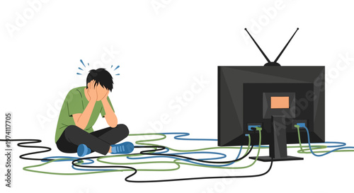 Stressed man frustrated with tangled cables behind television representing technical difficulty and cable management problems