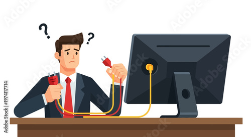 Confused businessman holding power plugs behind computer monitor illustrating technology compatibility and hardware connection issues