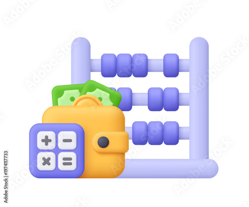 Abacus, purple calculator and yellow wallet with cash. Finance, accounting, budgeting, money management, savings and financial calculations. 3d vector icon. Cartoon minimal style.