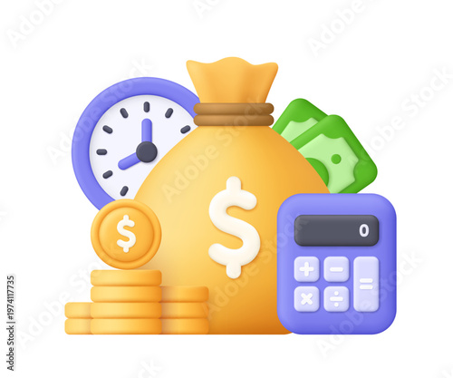 Yellow money bag, purple calculator, clock, coin stack and cash banknotes. Finance, budgeting, savings, time management, financial planning concept. 3d vector icon. Cartoon minimal style.