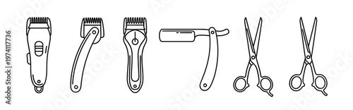 Hair clipper straight razor and scissors line art icons set for professional barber shop branding and grooming services