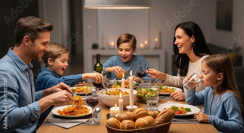 Family enjoying a delicious meal together at the dining table.