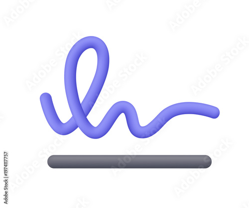 Purple signature with underline. Signing documents, approval, agreement, personal identity, legal validation, digital signature and contract concept. 3d vector icon. Cartoon minimal style.