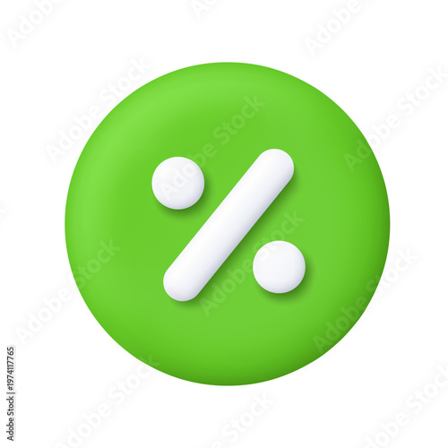White percent symbol on green circle button. Percentage, discount, sale, promotion, financial calculation concept. 3d vector icon. Cartoon minimal style.