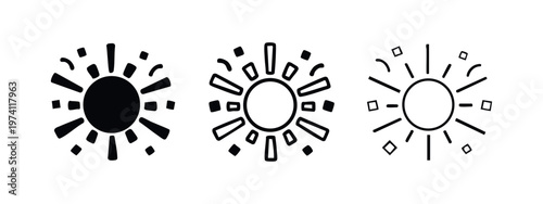 Sun and radiating rays icon set. Summer, light, or bright weather symbol collection.