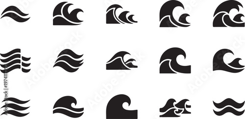 Collection of various ocean wave icons and symbols