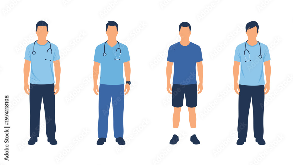 Fototapeta premium Diverse male character vector set: Medical professionals in scrubs and an athletic man. Healthcare & wellness concept.