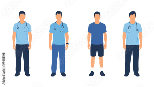 Diverse male character vector set: Medical professionals in scrubs and an athletic man. Healthcare & wellness concept.