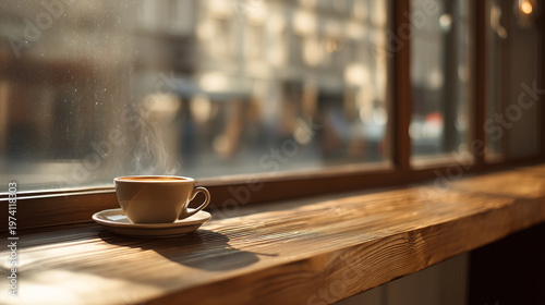 陽光差し込む窓際のカフェカウンターに置かれたコーヒーカップ