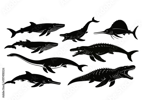 set of oceanic dinosaur silhouettes