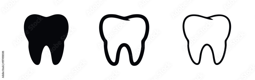 Obraz premium Human tooth icon set in solid, bold outline, and thin outline styles on white background.