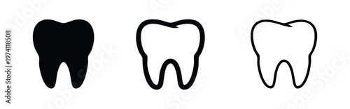 Human tooth icon set in solid, bold outline, and thin outline styles on white background.