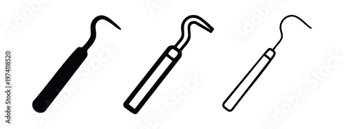 Set of dental explorer (sickle probe) icons. Dentist instrument for oral examination in solid, thick outline, and thin outline styles.