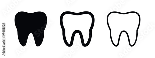 Set of human tooth icons. Dental care and oral hygiene symbols in solid, thick outline, and thin outline styles.