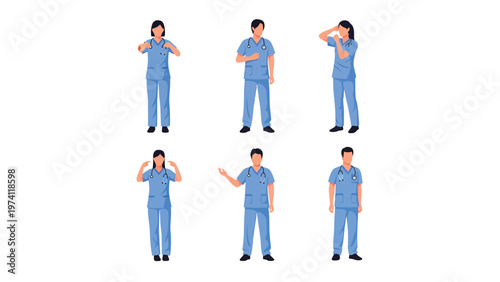 Healthcare Workers in Blue Scrubs Vector Illustration Poses Set