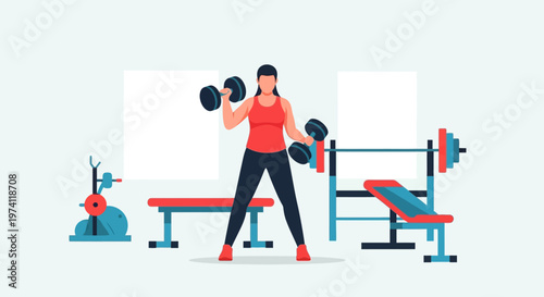 Flat Illustration Woman Exercising with Dumbbells at Gym Interior Scene