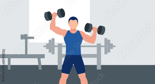Flat Illustration Man Doing Dumbbell Overhead Press Exercise In Gym