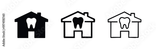 Dental clinic or stomatology office icon in flat, bold outline, and thin outline styles with a tooth in a house.