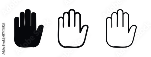 Set of open palm hand icons in solid, bold outline, and thin outline styles, flat design vector illustration.