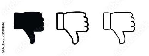 Set of thumbs down dislike icons in solid, bold outline, and thin outline styles, flat design vector illustration.