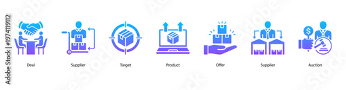 Business Deals and Suppliers web banner icon vector illustration featuring Deal, Supplier, Target, Product, Offer, Supplier, and Auction for corporate procurement and supply chain management.