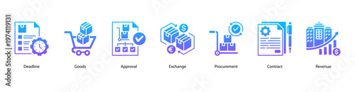 Approval and Contracts web banner icon vector illustration featuring Deadline, Goods, Approval, Exchange, Procurement, Contract, and Revenue for efficient procurement workflow.