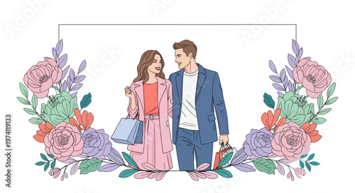 Vector art illustration of a stylish couple walking together in a spring sale event design, surrounded by a floral frame against a clean white background, creating a romantic