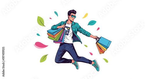 A stylish young man, depicted in a vibrant spring sale vector illustration, joyfully jumps with shopping bags against a clean white background, conveying a dynamic and energetic mood