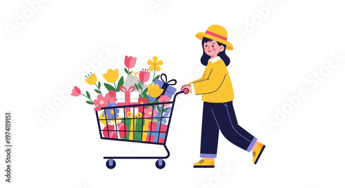 Vector art showcasing a happy woman pushing a shopping cart overflowing with colorful spring flowers and gifts, rendered in a cheerful cartoon style against a clean white background