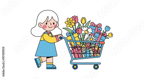 A cheerful girl character pushes a shopping cart filled with flowers and gifts, a colorful vector illustration for a spring sale event, set against a clean white background with a bright