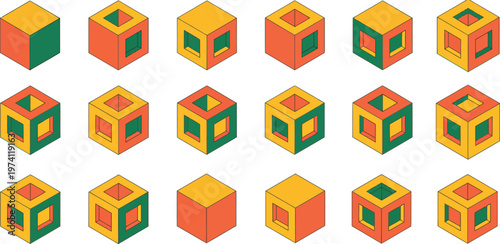 Isometric cube construction set illustration showing modular block variations geometric structures 3D design elements and architectural concept vector