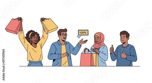Vector illustration of diverse people enjoying a spring sale event, with one raising shopping bags in celebration against a clean white background, rendered in a flat, cartoon style