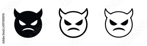 Devil face icon set. Vector angry evil character symbol with horns in solid, outlined, and thin line styles.