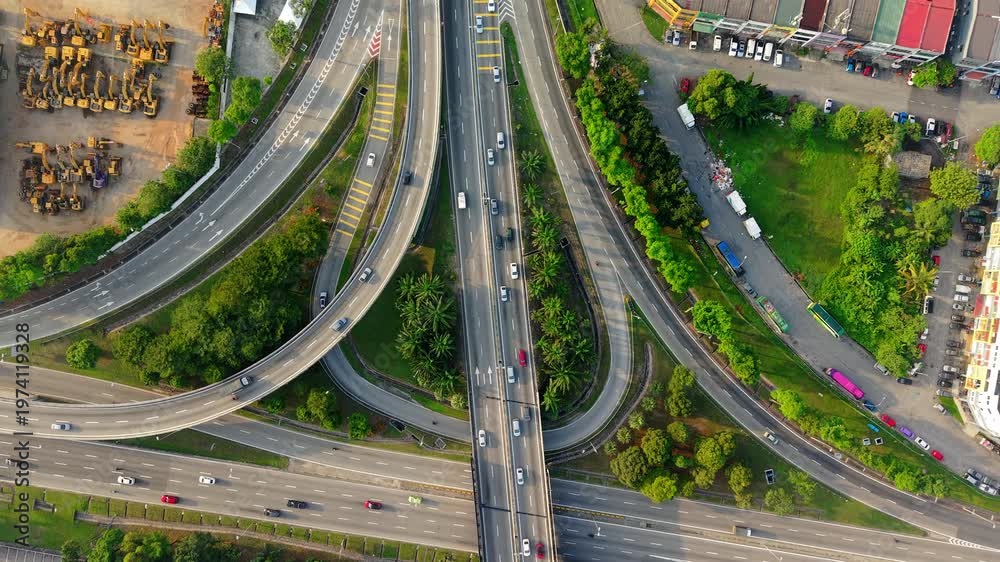Top Down Aerial View of Urban Highway Interchange with Traffic Flow ...