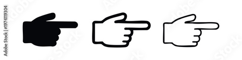 Pointing hand icon set. Vector hand gesture symbol pointing left in solid, outlined, and thin line styles.