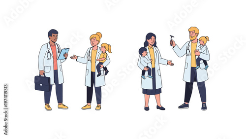 Pediatric Doctors with Young Children. Child Healthcare & Medical Check-up. Doctor-Patient Interaction Vector.