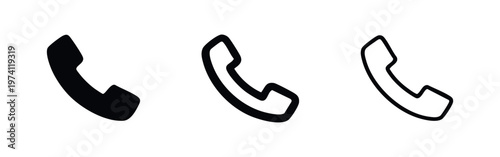 Phone receiver icon set. Call symbol in solid, bold, and thin outline styles. Telephone communication sign for web and app design.