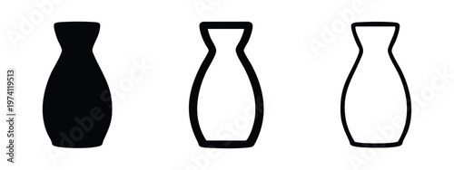 Sake bottle icon set. Traditional Japanese rice wine vessel symbol in solid, bold, and thin outline styles. Oriental drinkware.