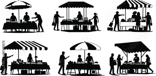 Silhouettes of people shopping and selling at outdoor market stalls with umbrellas
