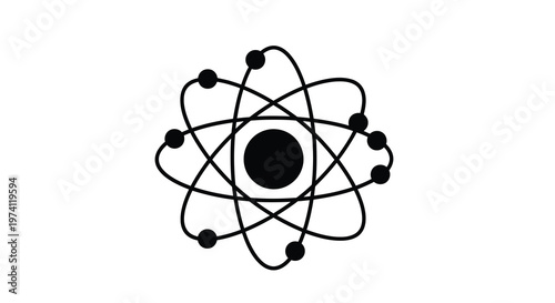 A stylized black and white illustration of an atomic model with orbiting electrons