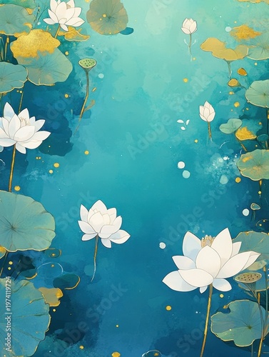 Water Lilies in a Teal Pond