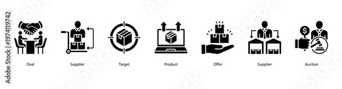 Business Deals and Suppliers web banner icon vector illustration featuring Deal, Supplier, Target, Product, Offer, Supplier, and Auction for corporate procurement and supply chain management.