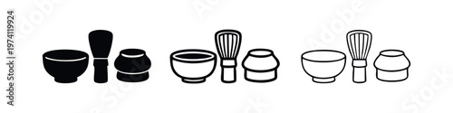 Japanese Matcha Tea Ceremony Set Icons. Bowls, Whisks, and Scoops for Traditional Green Tea.
