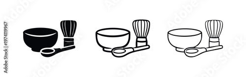 Japanese Matcha Tea Ceremony Utensils Icons. Bowl, Whisk, and Scoop Set for Green Tea Preparation.