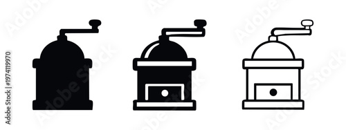 Manual Coffee Grinder Icons Set. Vintage Hand Crank Mill for Fresh Ground Coffee Beans.